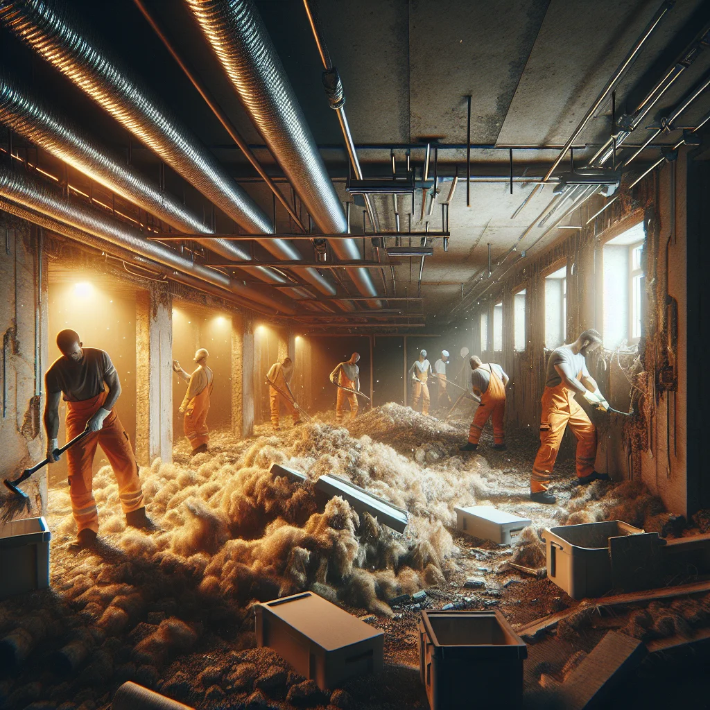 Hazard identification - Residential basement gut in progress, workers removing old insulation and