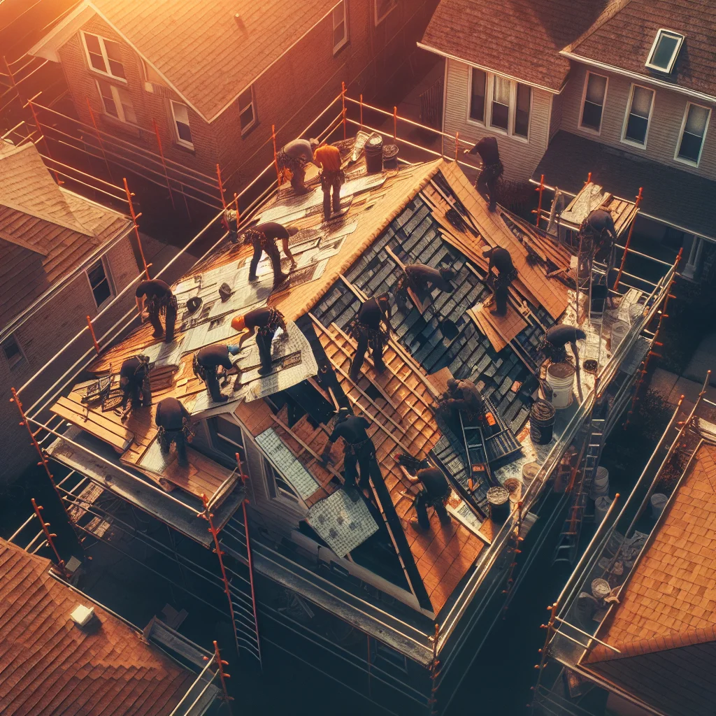 Hazard identification - Aerial view of a residential roof tear-off in progress, workers