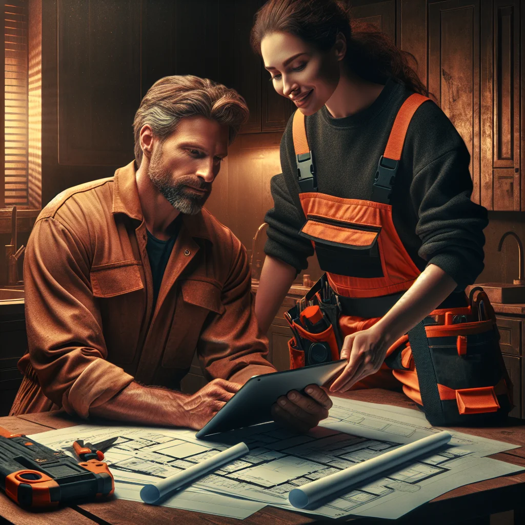 Hazard identification - Homeowner and demolition contractor reviewing project plans together at a