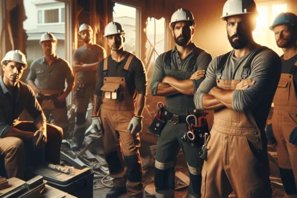 Demolition safety - Professional demolition crew in hard hats and safety gear at