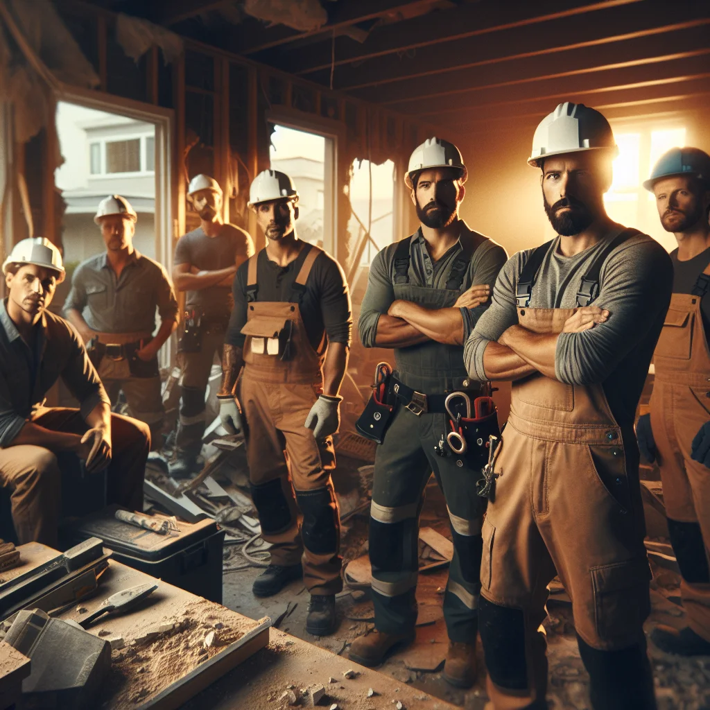 Demolition safety - Professional demolition crew in hard hats and safety gear at