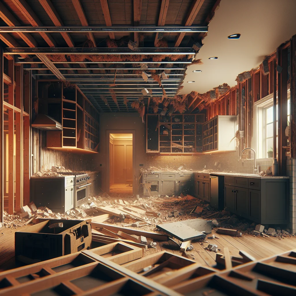 Demolition safety - Close-up of residential kitchen being professionally demolished, exposed studs and