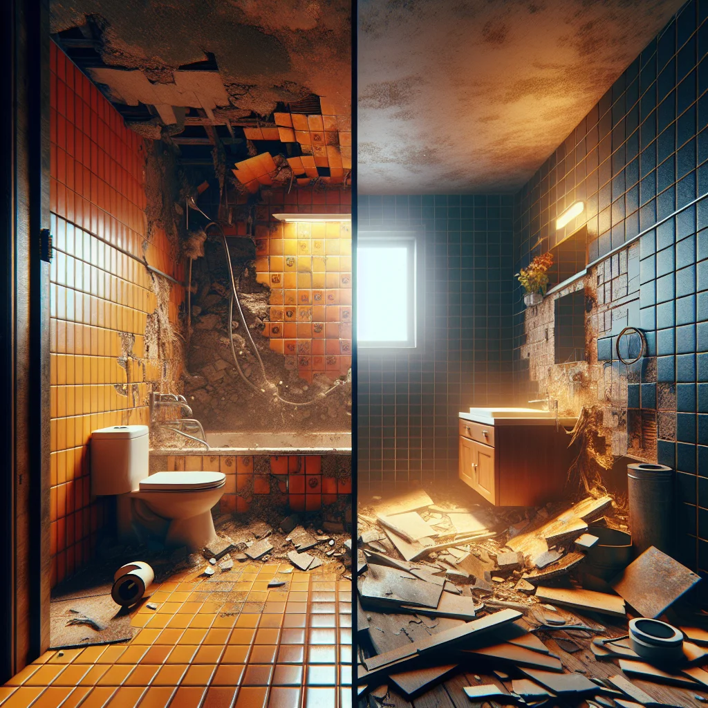 Demolition safety - Before and after split view of a bathroom demolition project,