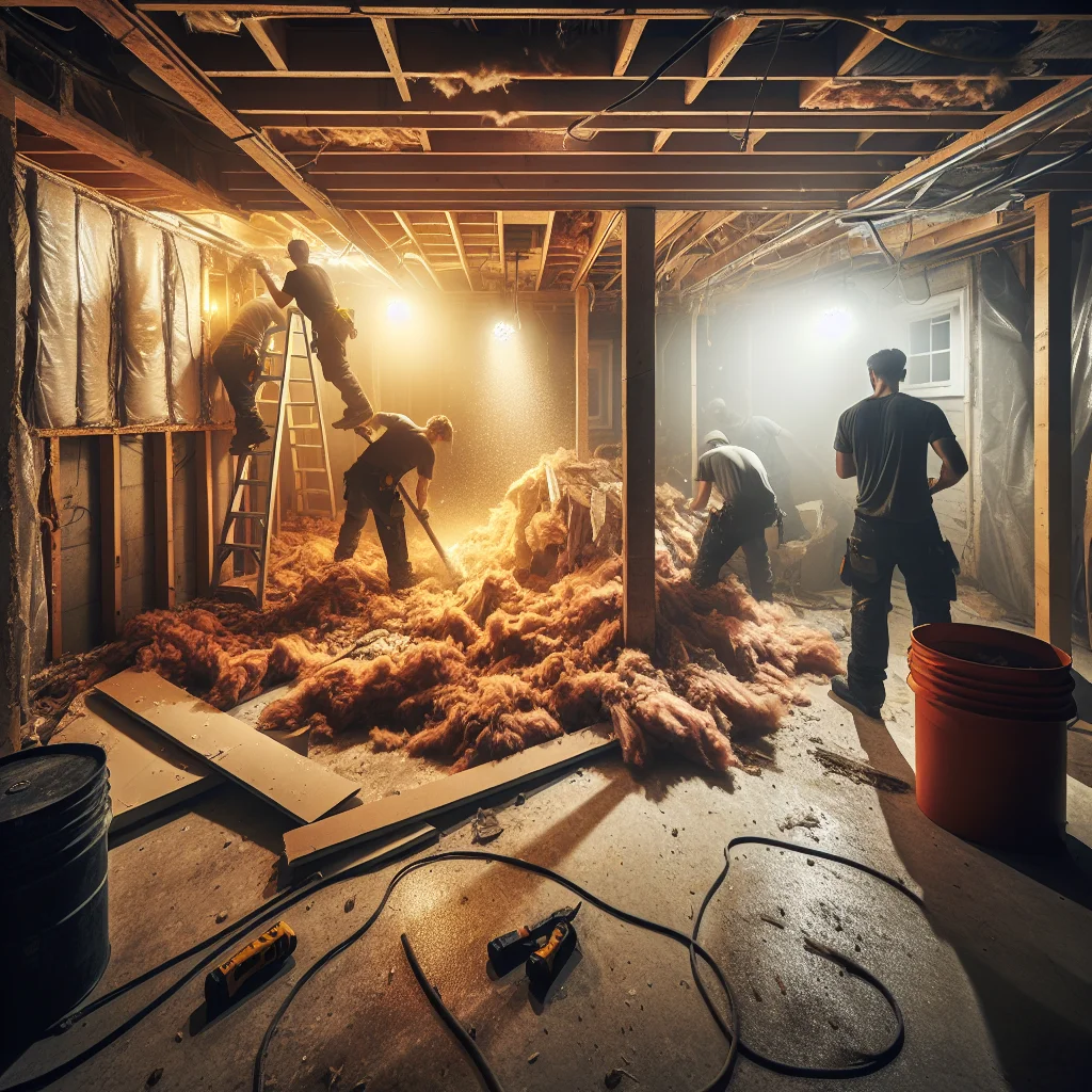 Demolition safety - Residential basement gut in progress, workers removing old insulation and