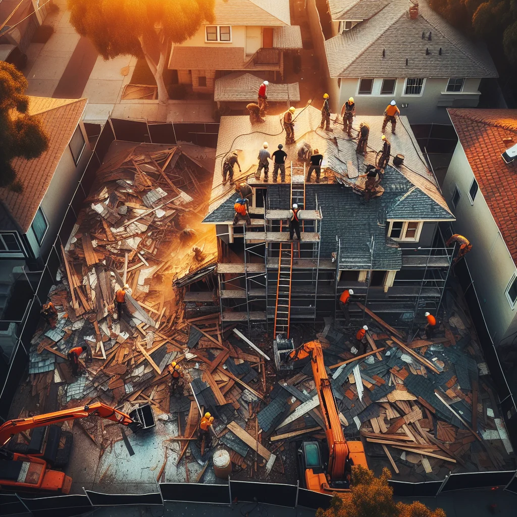 Demolition safety - Aerial view of a residential roof tear-off in progress, workers