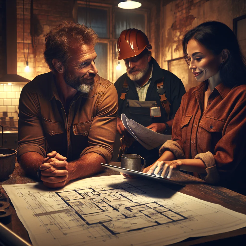 Demolition safety - Homeowner and demolition contractor reviewing project plans together at a