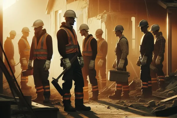 Gut renovation - Professional demolition crew in hard hats and safety gear at