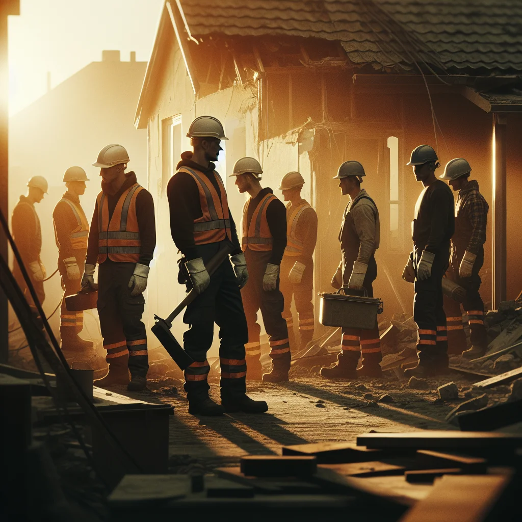 Gut renovation - Professional demolition crew in hard hats and safety gear at