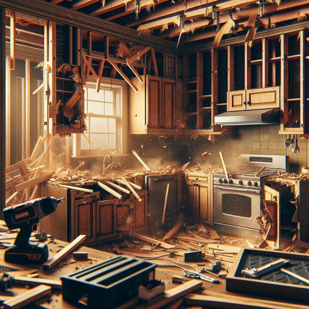 Gut renovation - Close-up of residential kitchen being professionally demolished, exposed studs and