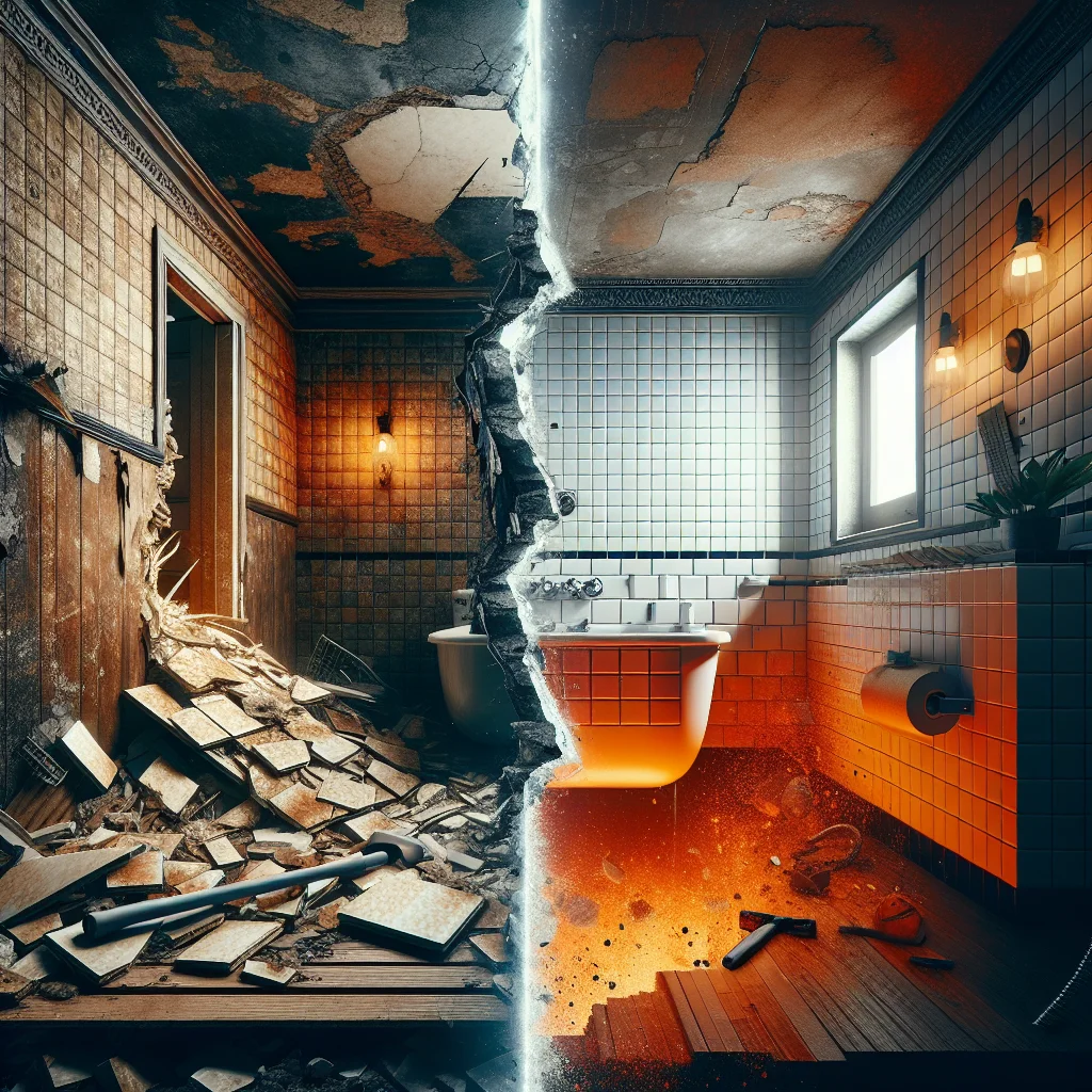 Gut renovation - Before and after split view of a bathroom demolition project,