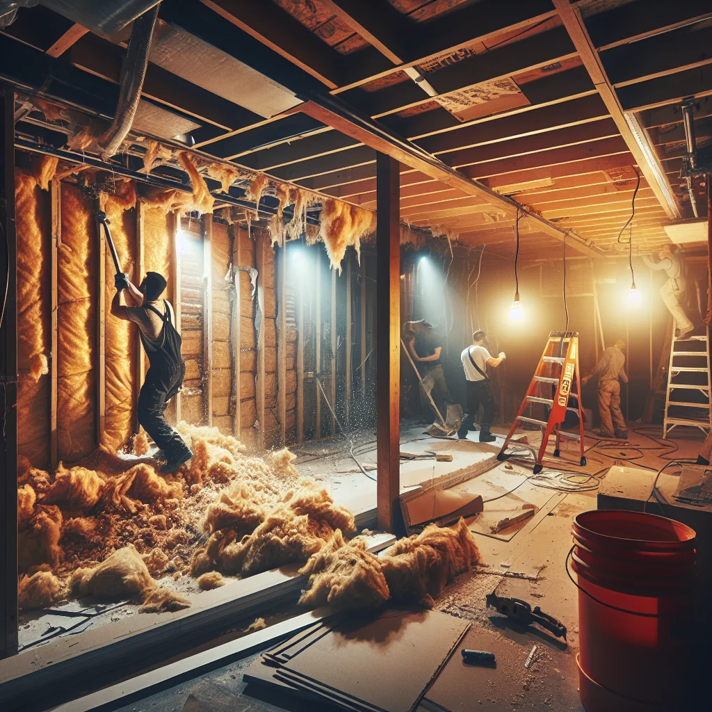 Gut renovation - Residential basement gut in progress, workers removing old insulation and