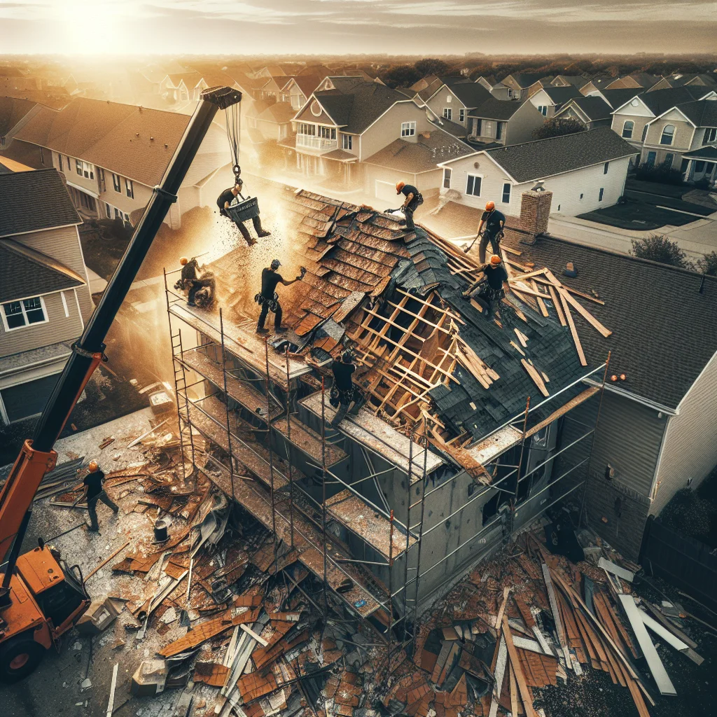 Gut renovation - Aerial view of a residential roof tear-off in progress, workers