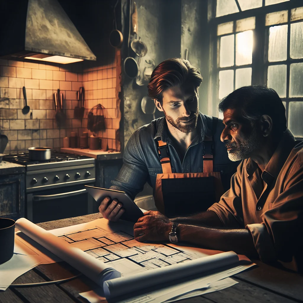 Gut renovation - Homeowner and demolition contractor reviewing project plans together at a