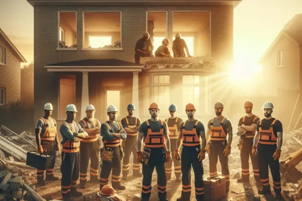 Kitchen demolition checklist - Professional demolition crew in hard hats and safety gear at