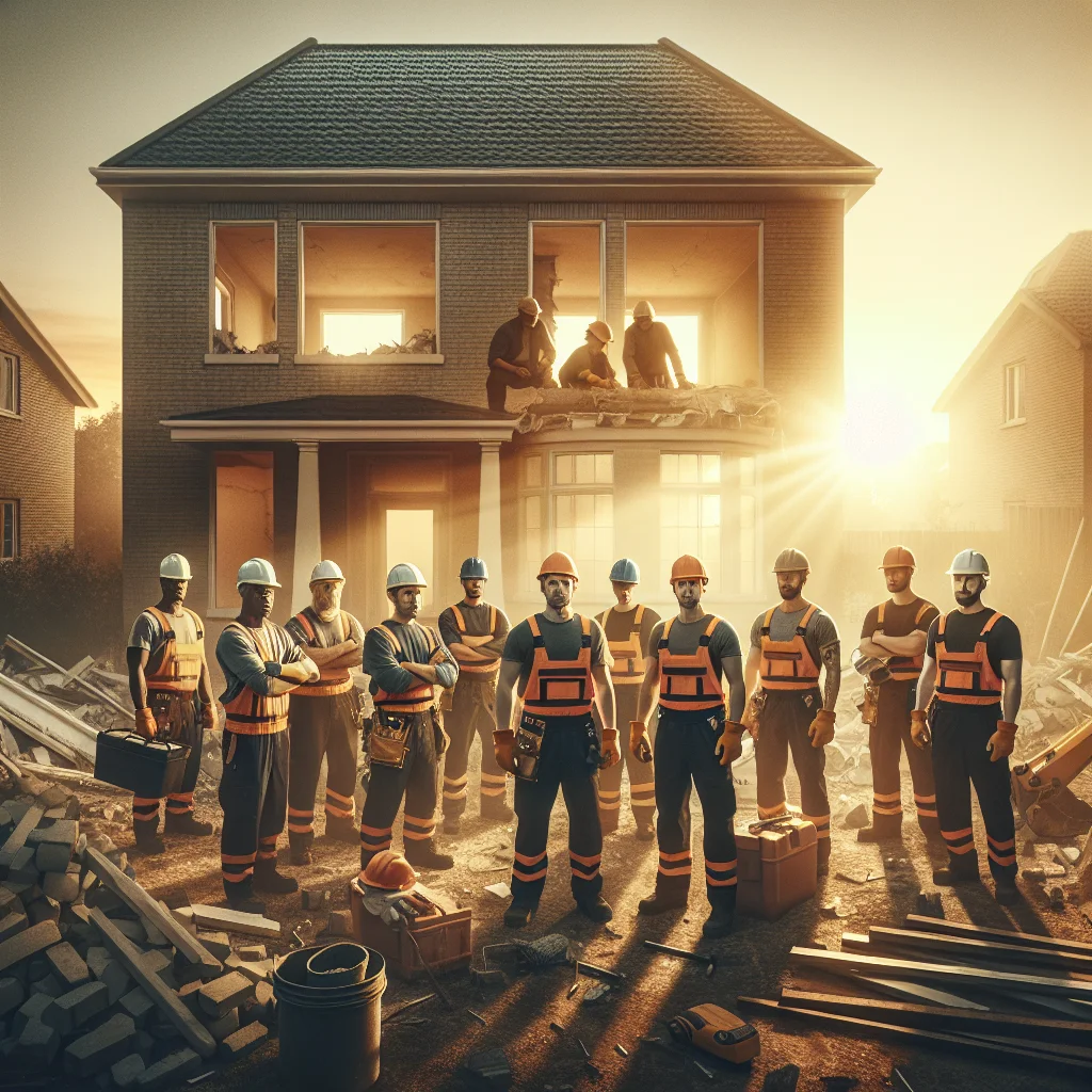 Kitchen demolition checklist - Professional demolition crew in hard hats and safety gear at