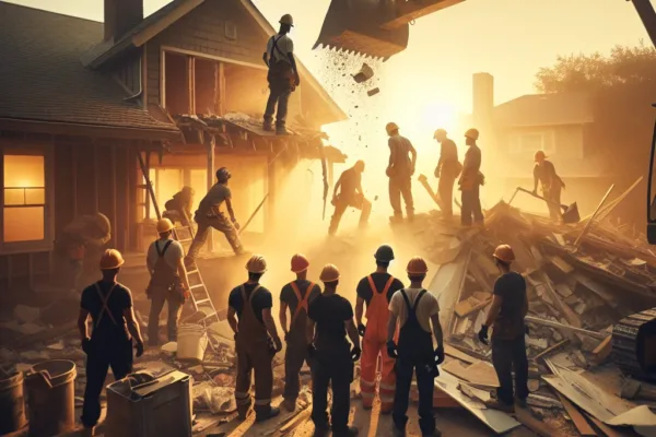 Kitchen demolition checklist - Professional demolition crew in hard hats and safety gear at