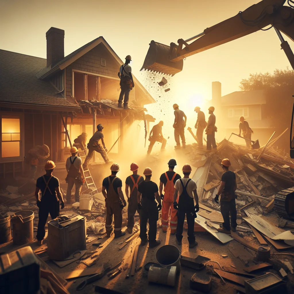 Kitchen demolition checklist - Professional demolition crew in hard hats and safety gear at