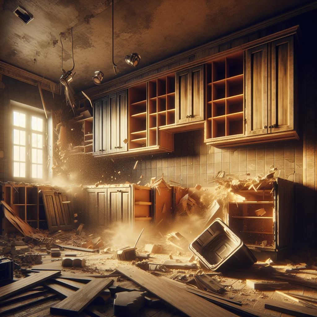 Kitchen demolition checklist - Close-up of residential kitchen being professionally demolished, exposed studs and