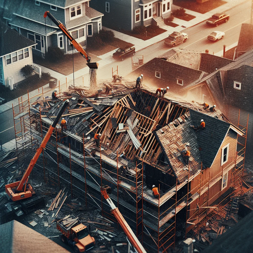 Kitchen demolition checklist - Aerial view of a residential roof tear-off in progress, workers