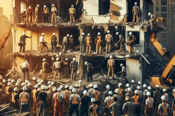 Structural teardown - Professional demolition crew in hard hats and safety gear at