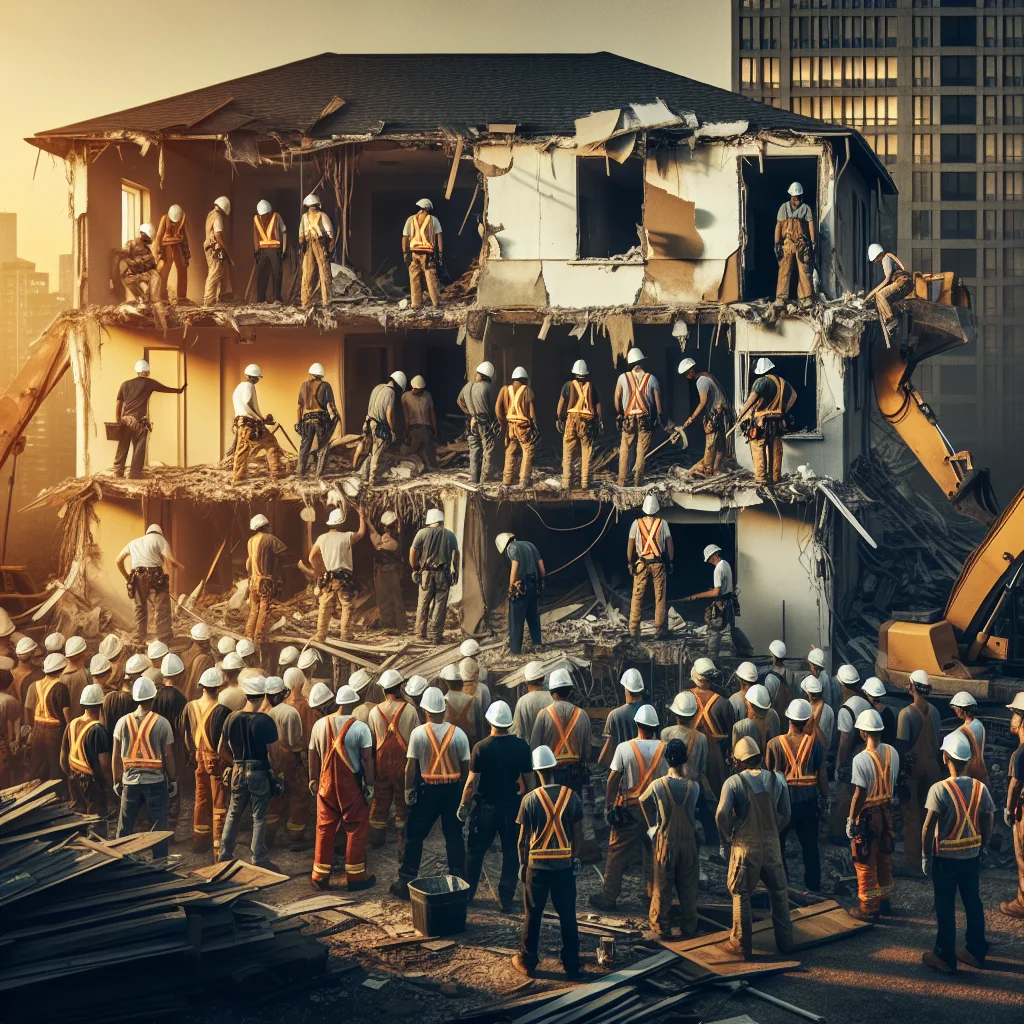 Structural teardown - Professional demolition crew in hard hats and safety gear at