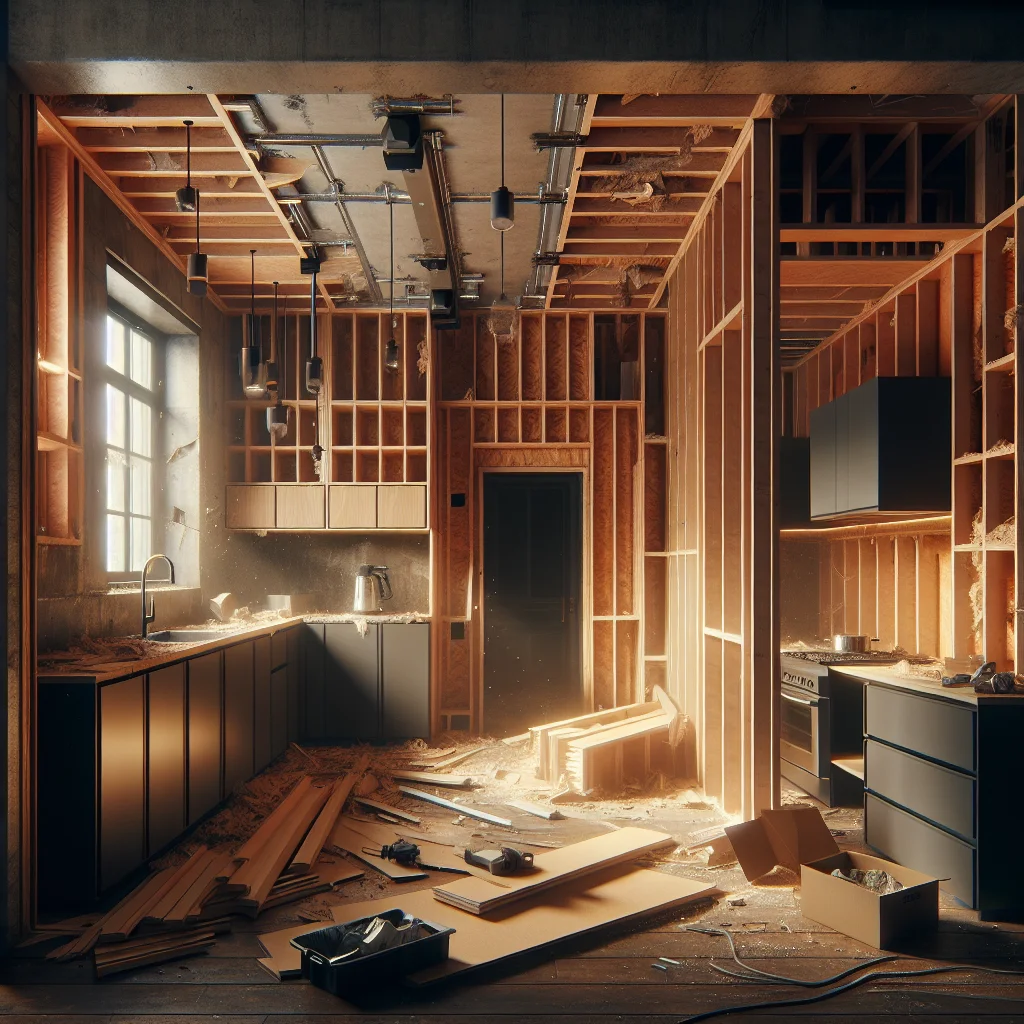 Structural teardown - Close-up of residential kitchen being professionally demolished, exposed studs and