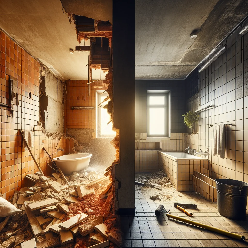 Structural teardown - Before and after split view of a bathroom demolition project,