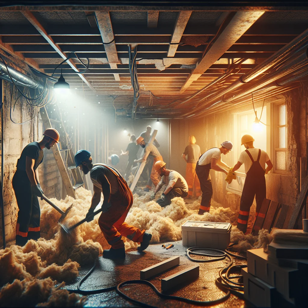 Structural teardown - Residential basement gut in progress, workers removing old insulation and