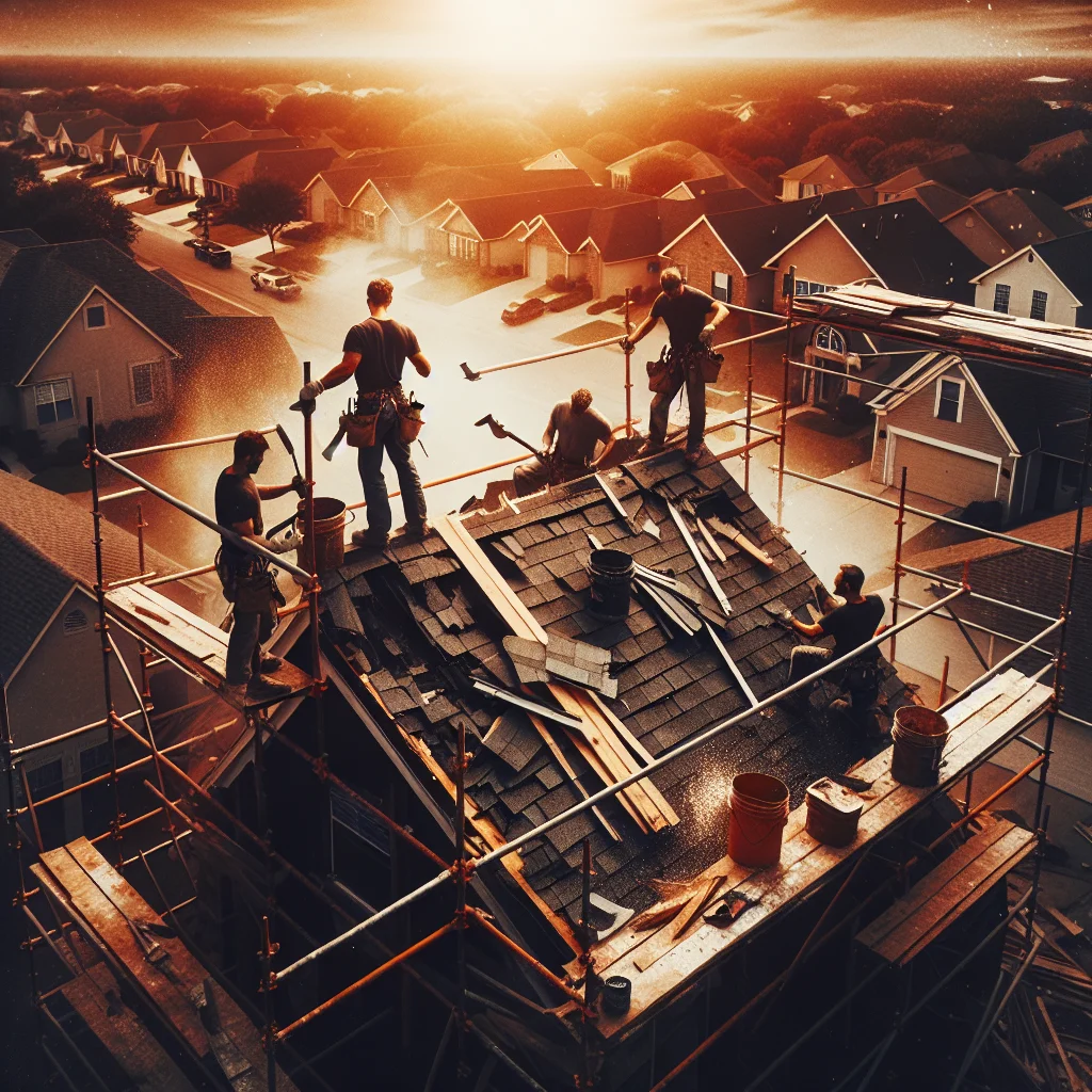 Structural teardown - Aerial view of a residential roof tear-off in progress, workers