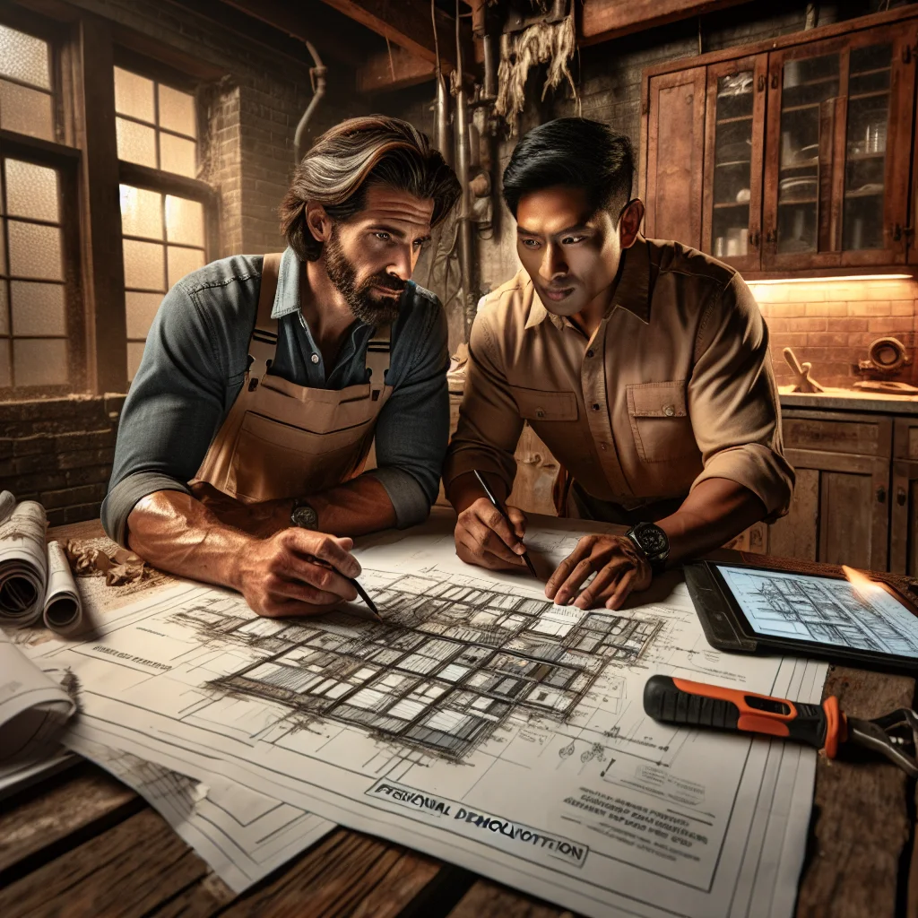 Structural teardown - Homeowner and demolition contractor reviewing project plans together at a